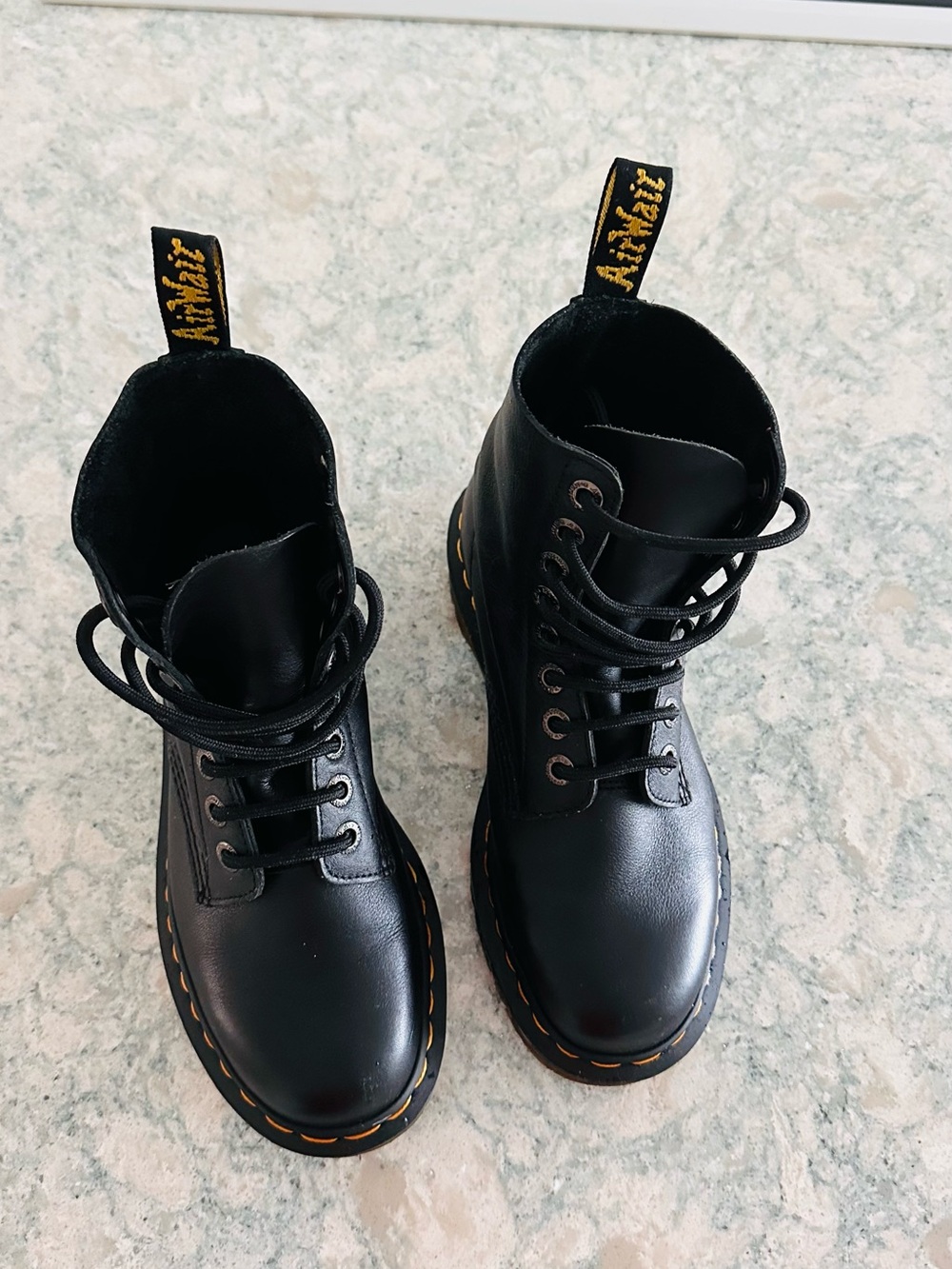 Dr. Martens Black Leather Lace-Up Boots with Yellow Stitching